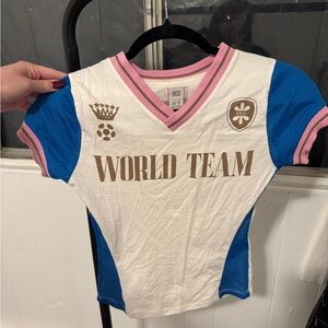 BDG Women's World Team Jersey - White, Blue, Pink